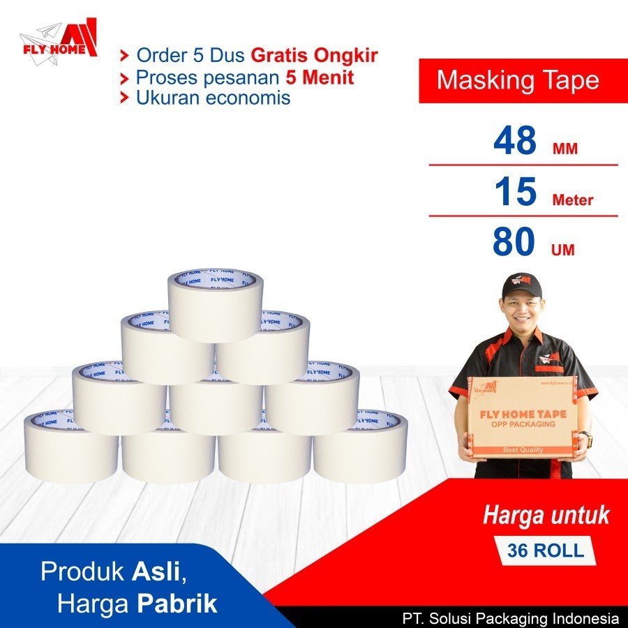 

FLYHOME Lakban kertas 48mm x 15meter 1/2 dus 36 roll masking tape ukuran full