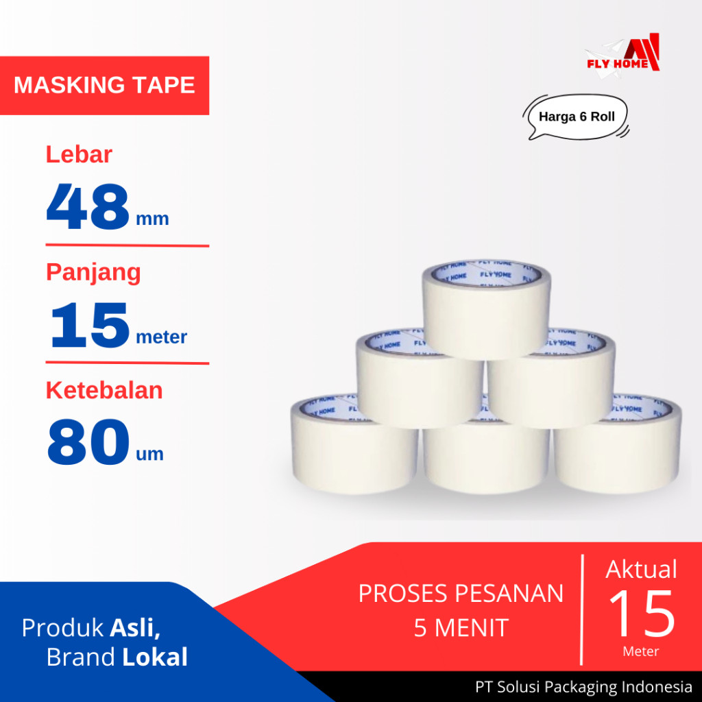 

FLYHOME Lakban kertas 48mm x 15meter 6 roll masking tape ukuran full