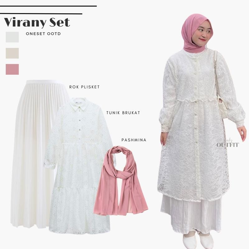Outfit Wanita Hijab Kekinian ( Tunik Brukat + Rok Plisket + Pashmina ) One set OOTD Lebaran - Virany