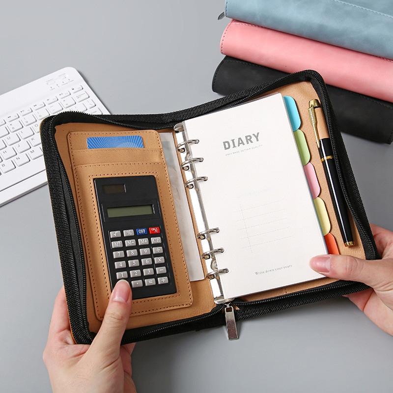 

A5/A6 Business PU Leather Folder Cover Loose Leaf Zipper Bag Padfolio Notebook Binder Journal Book Notepad With Calculator