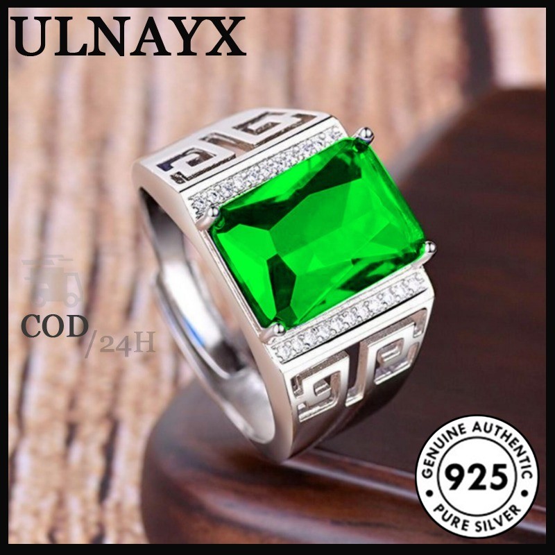 Cincin Berlian Platinum Persegi Panjang Hijau Tua Gaya Bisnis Pria