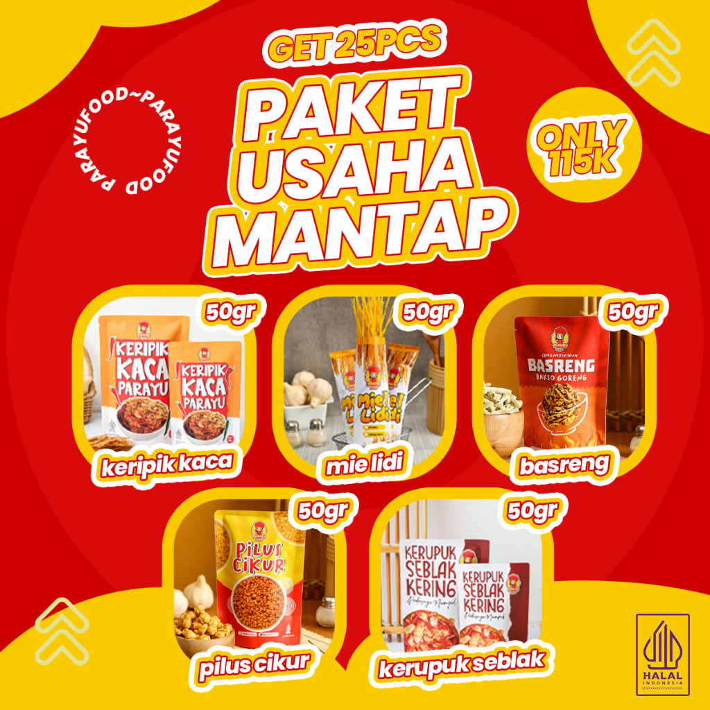 

Parayu Food - Paket Usaha Mantap 25 Pcs Ukuran 50gr Varian Basreng Kripca Lidi Cikur Kerupuk
