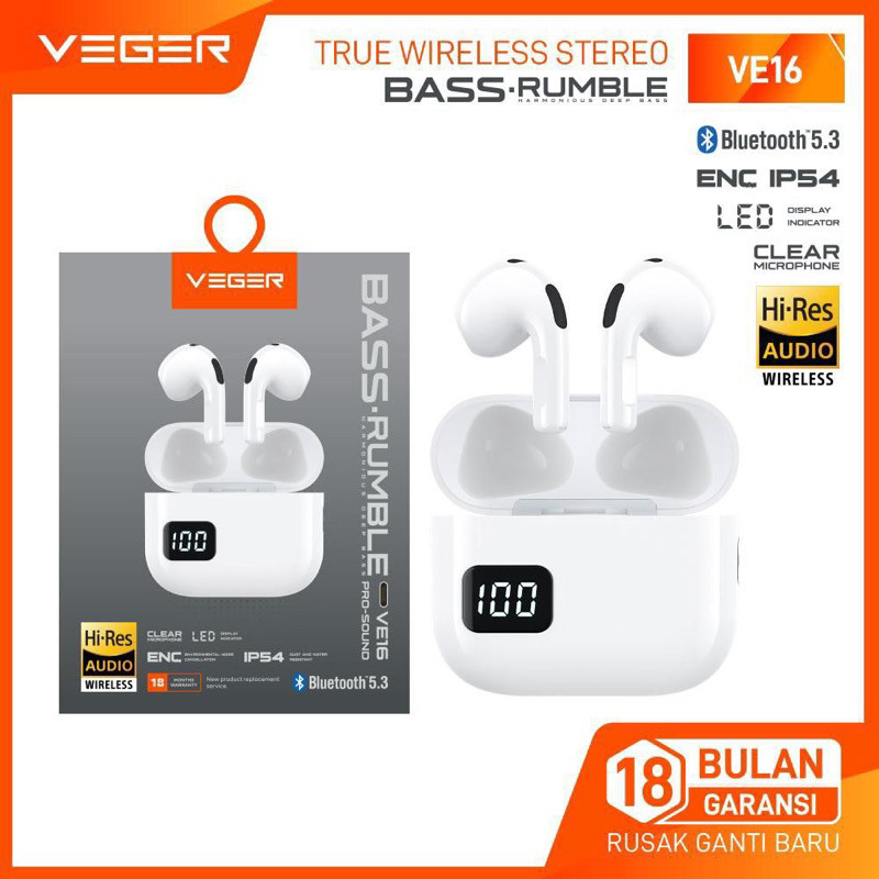 VEGER VE-16 TWS / Wireless earphone bluetooth 5.3 VEGER VE-16 TWS ORIGINAL GARANSI RESMI