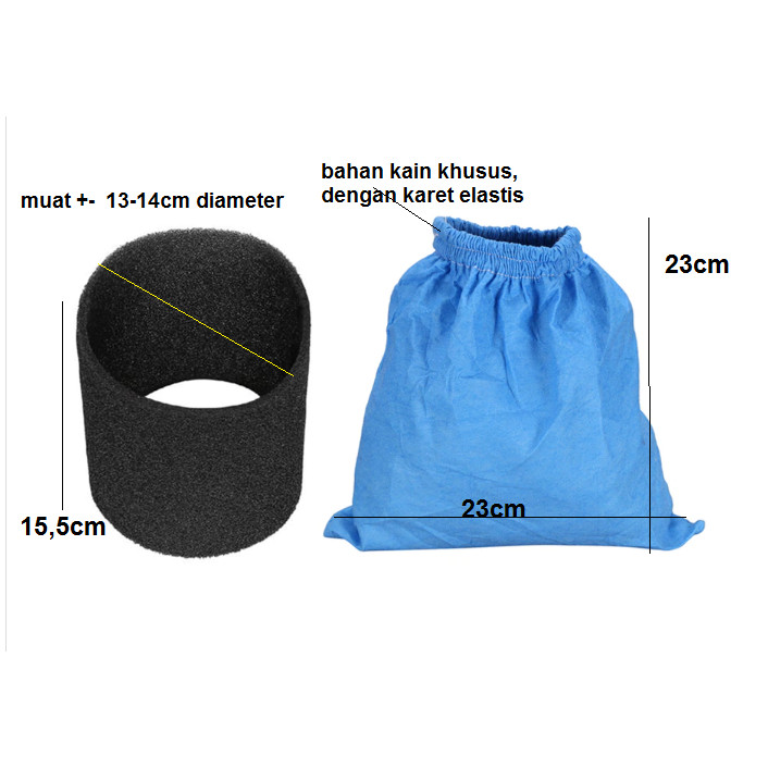 Kantong Filter Vacuum Cleaner Basah Kering Bahan Kain Biru dan Busa Hitam 1 set new
