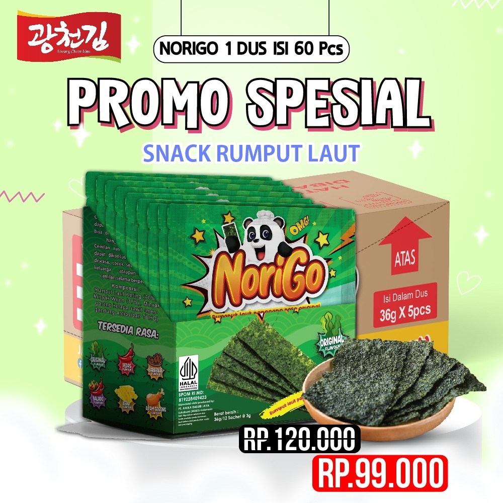 

(PROMO SPESIAL) Norigo 1 DUS FREE 10 PCS / Nori Sachet Seaweed Snack 3g Rumput Laut Halal new