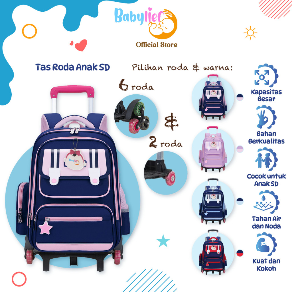 Babylief Tas Roda Sekolah Anak SD, Tas Troli Anak Tas Sekolah Anak TK SD Tas Trolley Koper Anak TK  