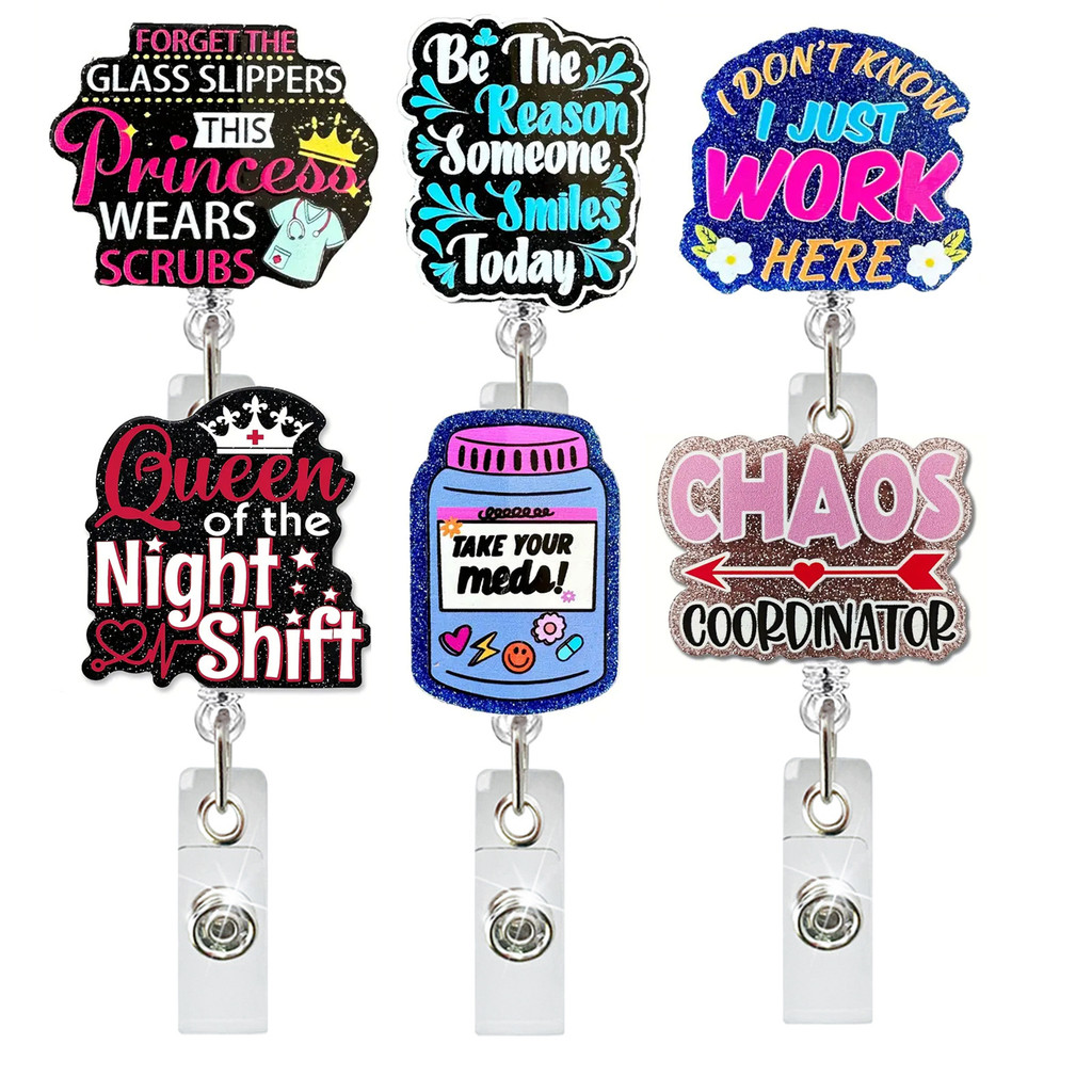 

2024 New Arrival 1 Piece Glitter Acrylic Retractable Nurse Badge Reel Fashion Medical Bottle Crown Doctor ID Card Holder Lanyard