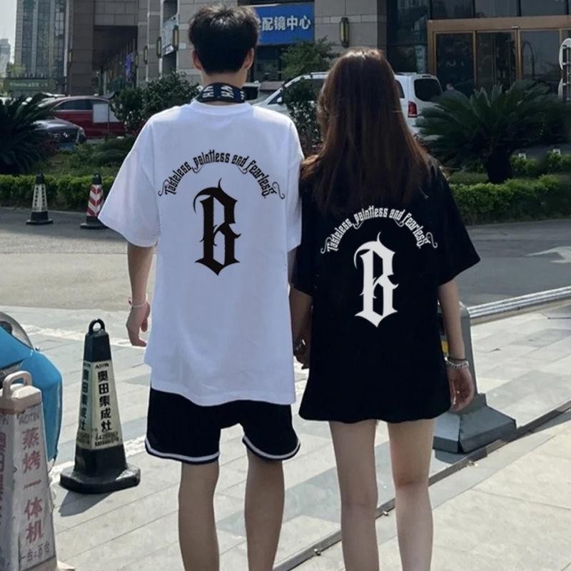 M&C (baju kaos pria) Popular round neck T-shirt COD American letter printing couple loose Joker shor