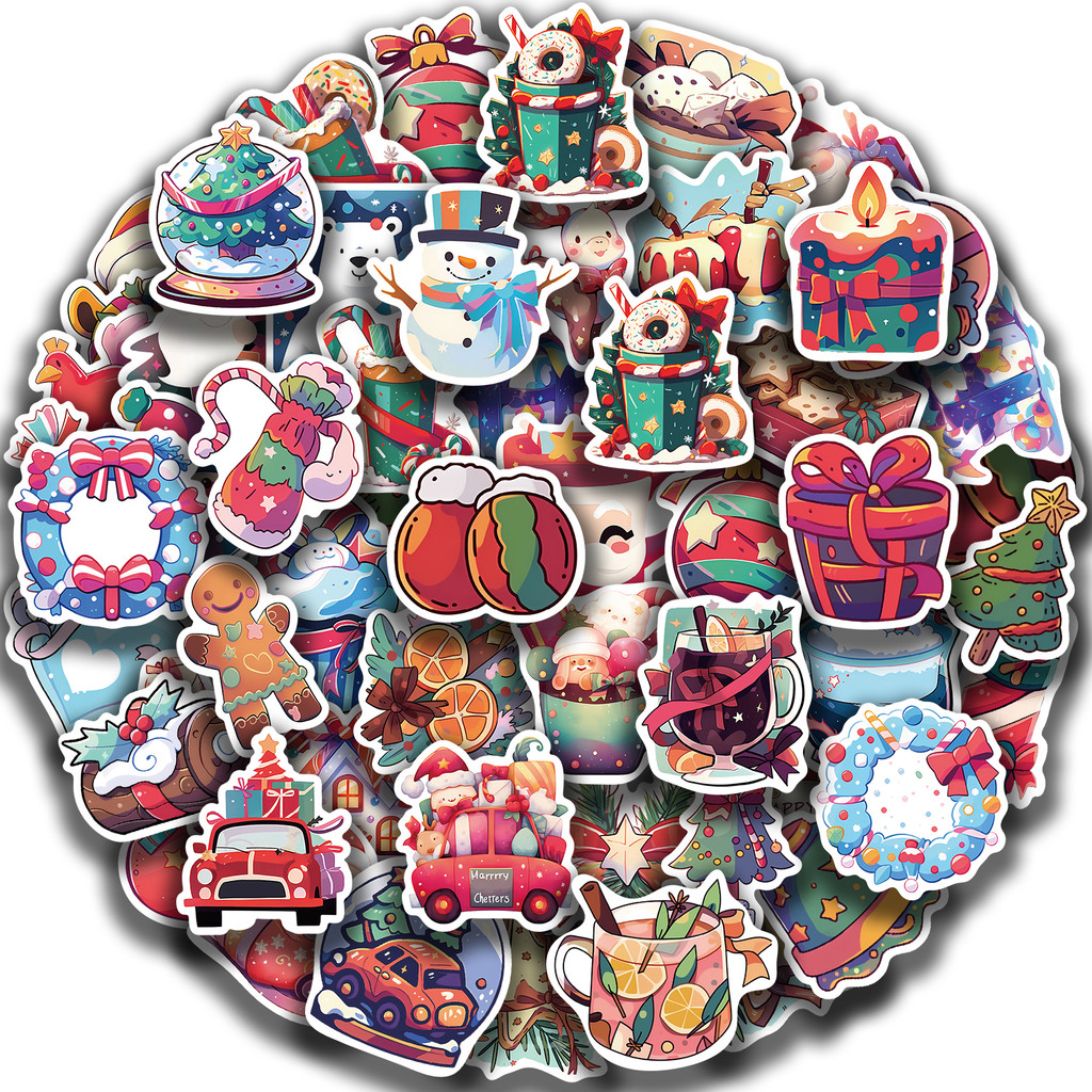 

50pcs New Year Merry Christmas Stickers Santa Claus Snowman Children Gift Decal Skateboard Suitcase Sticker for Kids﻿