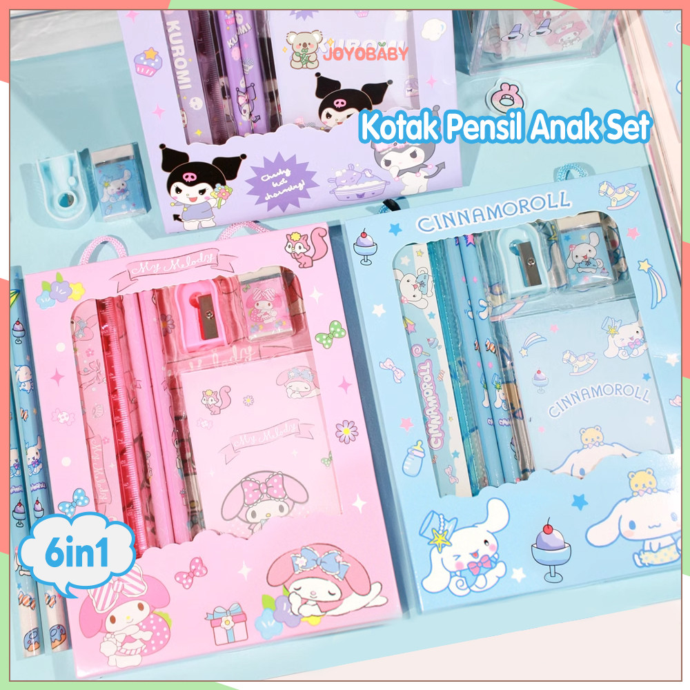 

JOYOBABY 6pcs/set Kotak Pensil Anak Set Alat Tulis Set Perlengkapan Tulis Karakter Kuromi Sanrio