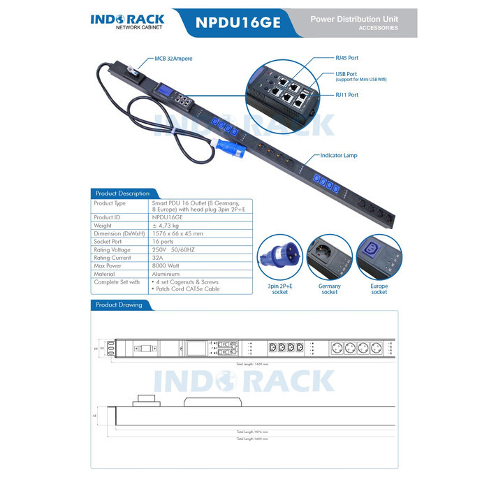 Power Distribution Unit INDORACK - NPDU16GE, 16Outlet 8Germany, 8Europe - Stop Kontak INDORACK - Pow