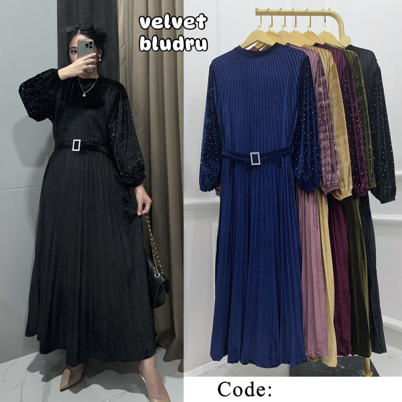 DHOLISHOP.ID Gamis Bludru Velvet Premium Plisket Free Belt Mewah Lebaran Idul Fitri Grosir PGMTA 011