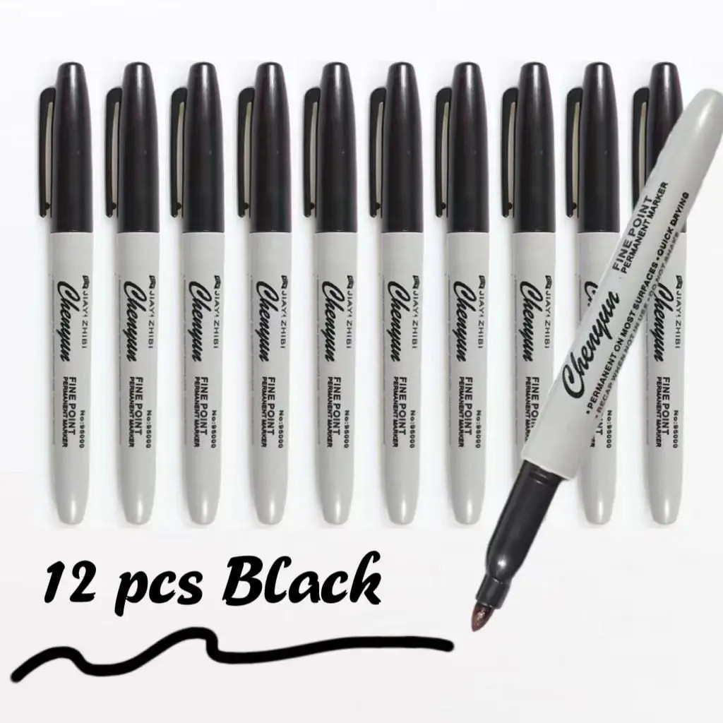 

12pcs Black Permanent Marker Pens, Fine Tip, Waterproof, Quick Drying