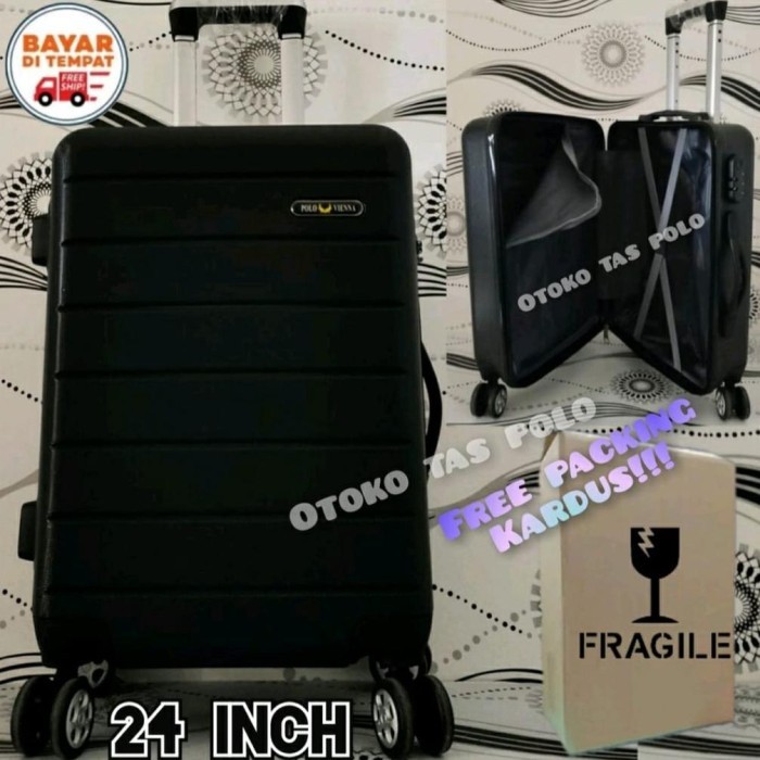 koper 24 inch - koper polo - model hardcase roda 4 putar - Hitam, 24 inch