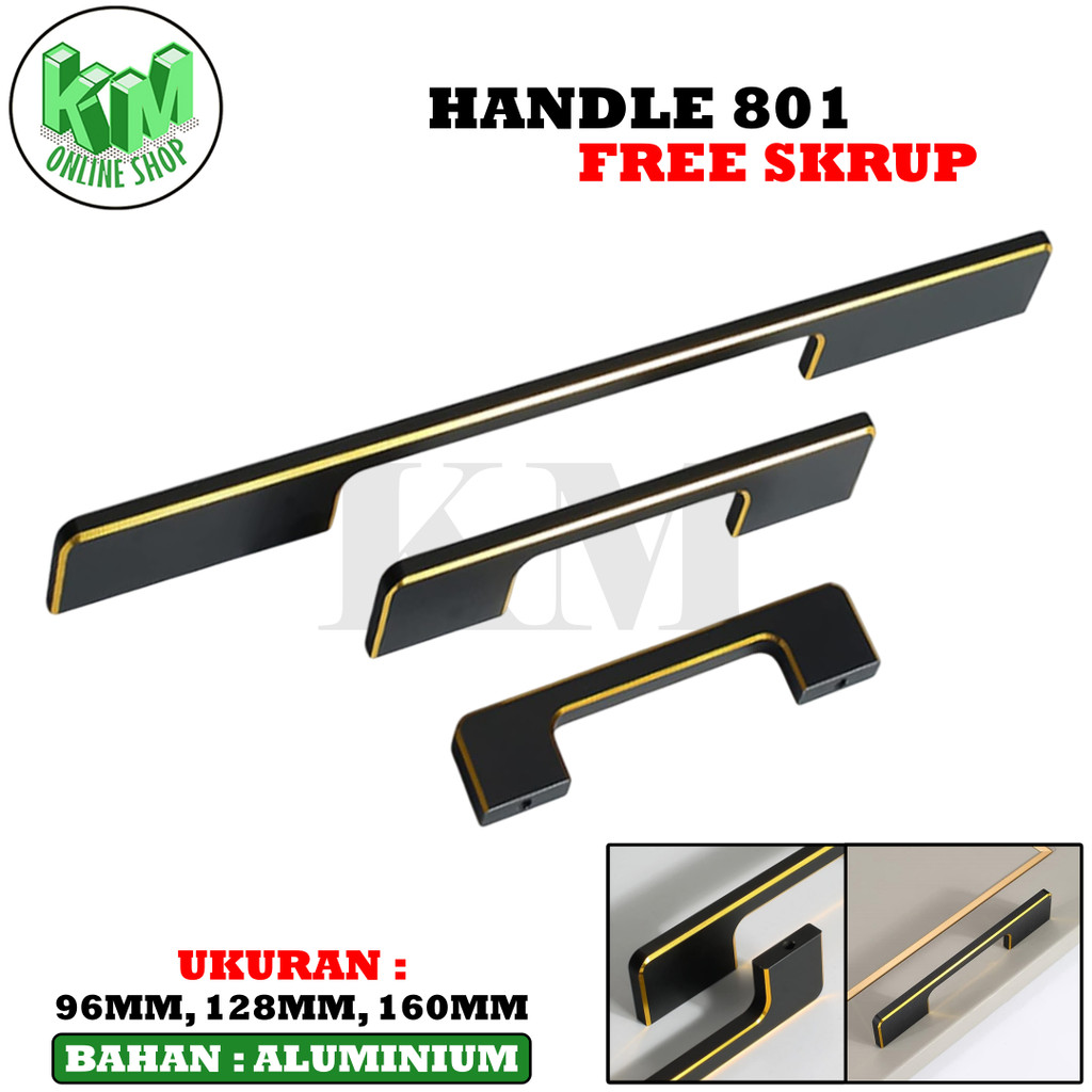 Gagang Pintu Handle Lemari Tarikan Aluminium Hitam List Emas Handel 801 Kabinet Laci Meja Dapur