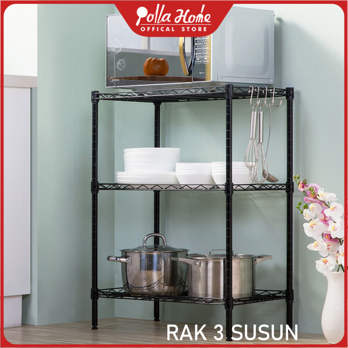 Rak Dapur Serbaguna Adjustable Rak Dapur Tingkat Rak Susun Multifungsi - 3 Susun Hitam