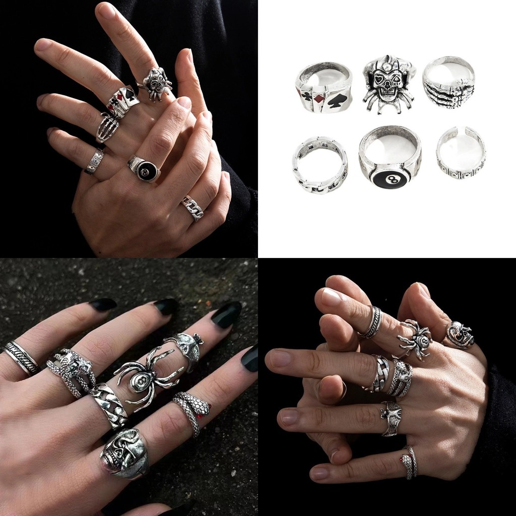 LEERE 6pcs/Set Cincin Titanium Skena Cincin Pria Punk Tengkorak Retro Spades Hip Hop Korea Fashion P