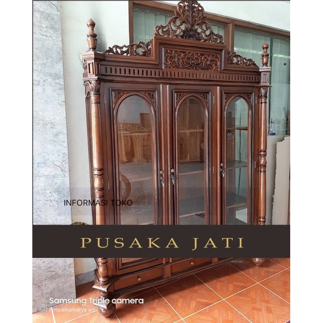 Lemari hias kristal pintu 3 kayu jati #PUSAKA JATI