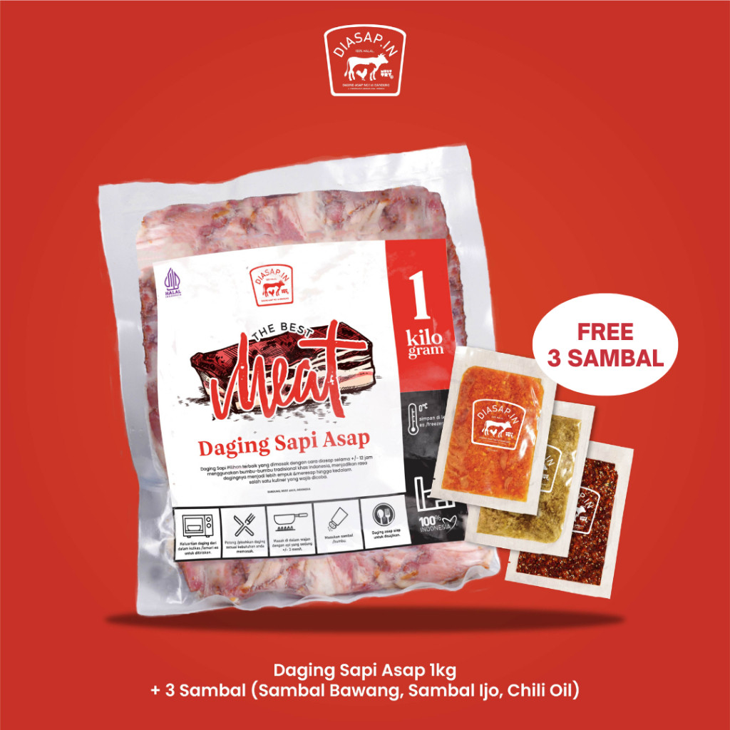 

SEI SAPI FROZEN 1 kg / Daging Asap Sapi DIASAPIN + 3 macam Sambal