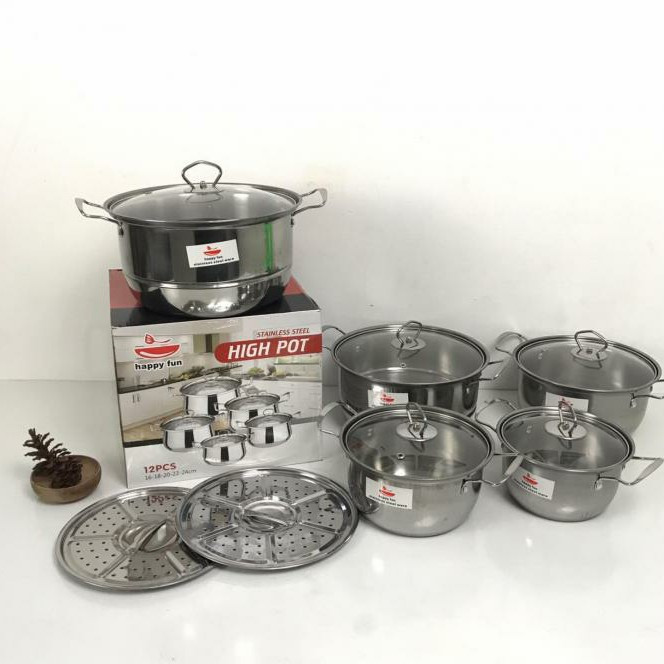 JAKLUIS_SHOP Panci Steamer High Pot Happy Fun 12Pcs Stainless Steel Tutup Kaca/PANCI SET HIGH POT ST