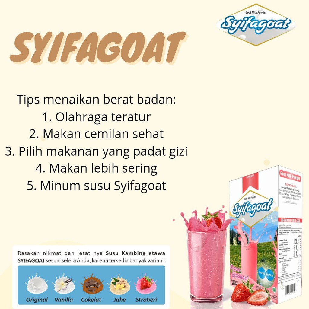 

Syifagoat susu kambing etawa rendah lemak tinggi kalsium 200gram variant Jahe Stroberi Coklat Ori