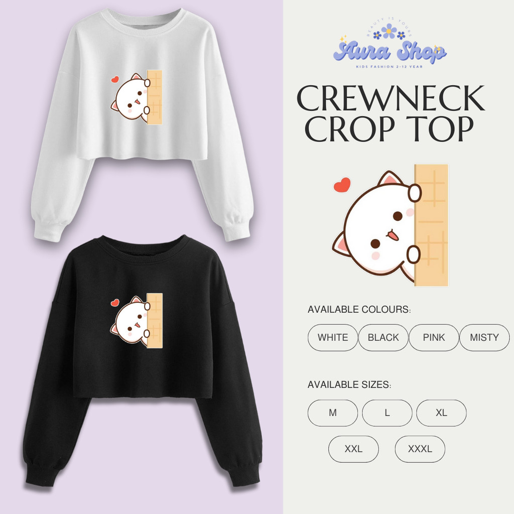 Sweater Crop Top bergambar kucing moci anak Perempuan Usia 2-13 Tahun Switer Crewneck Perempuan leng