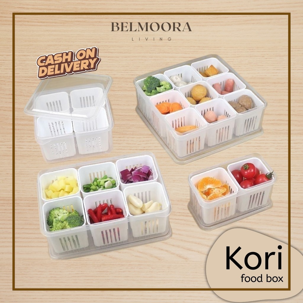 【BELMOORA】KORI Kotak Bumbu Dapur di Kulkas Serbaguna 2 4 6 9 Sekat Estetik Wadah Bumbu Dapur Set Aes