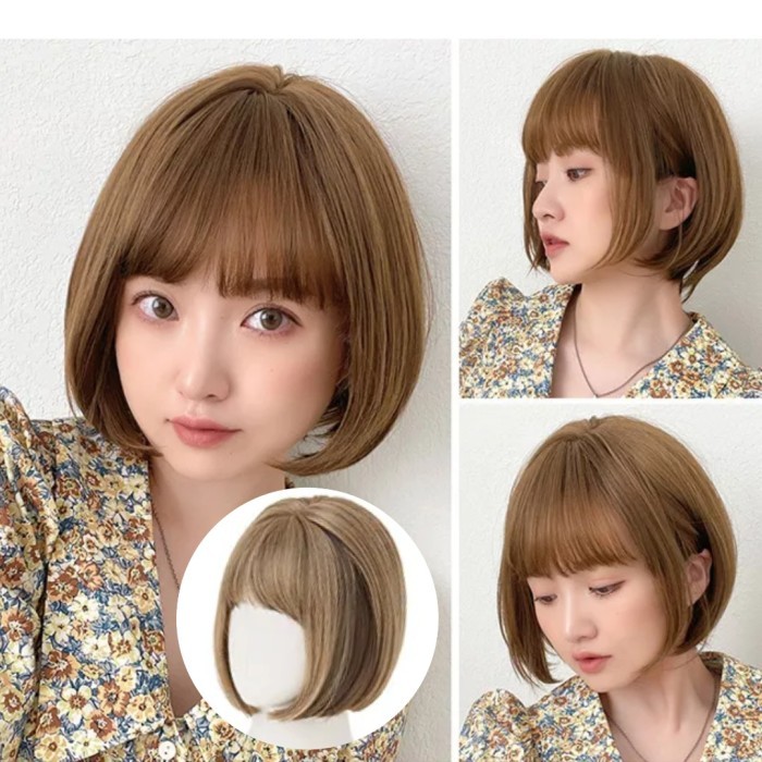 Wig Bob Pendek Wanita Poni Medium Tebal Wig Kerja Wig Wanita - Light Brown