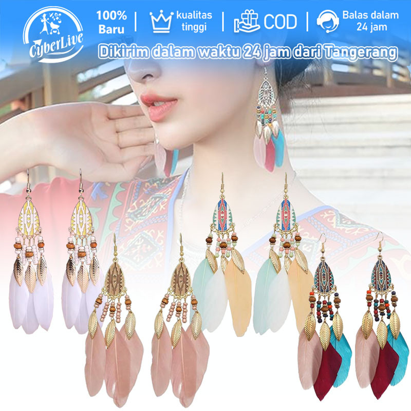 Anting Rumbai Panjang Anting Gantung Bohemian Etnik Wanita Bulu Rumbai Juntai Panjang