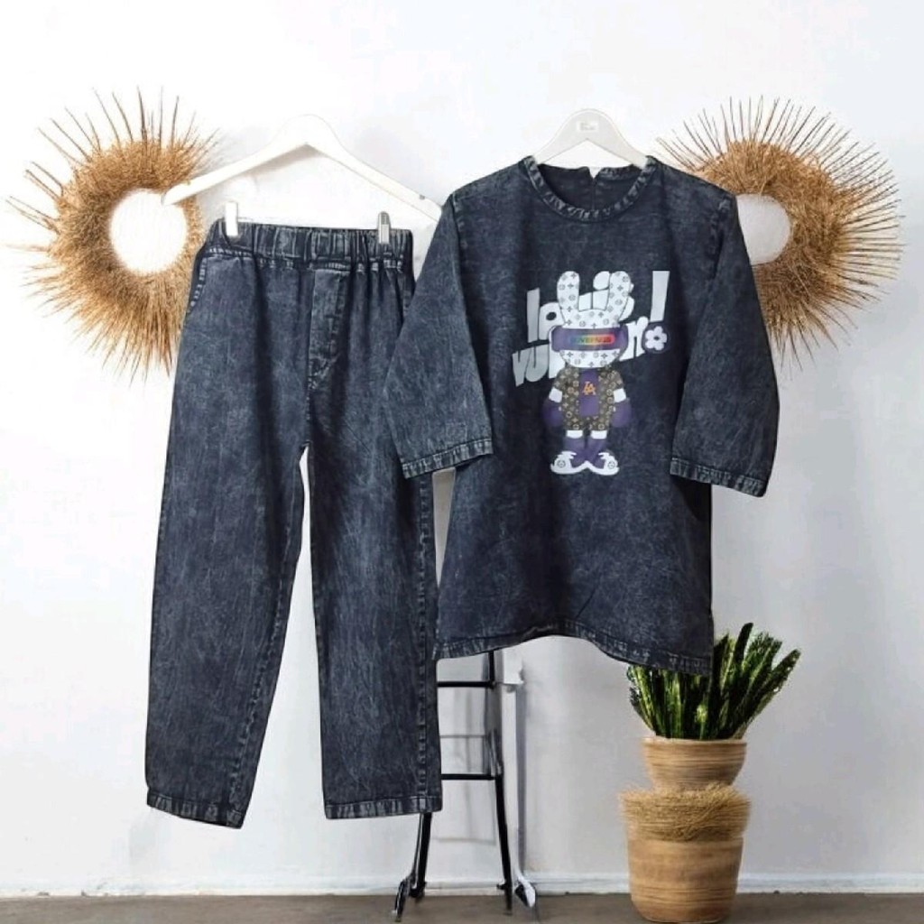 BAJU GAMIS JEANS DENIM MODEL SETELAN CELANA MOTIF BUNNY VR HITAM BLACK SANDWASH DEWASA WANITA DRESS 