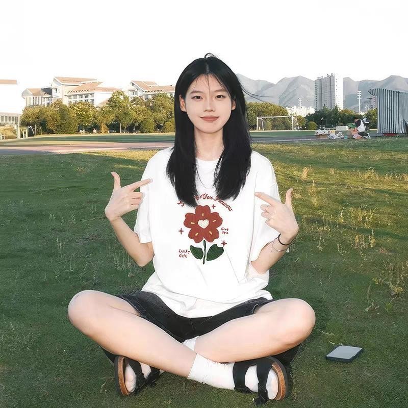 JKTee Oversize Kaos Wanita Lengan Pendek Cotton-SENDING YOU Flower-Baju Korean Style/Kaos Hitam puti
