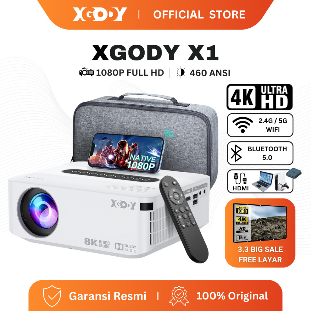 XGODY X1 Smart Proyektor LCD -Android 9 - FHD 1080P -Dolby Atmos -2GB+16GB -Auto Keystone - 460 ANSI