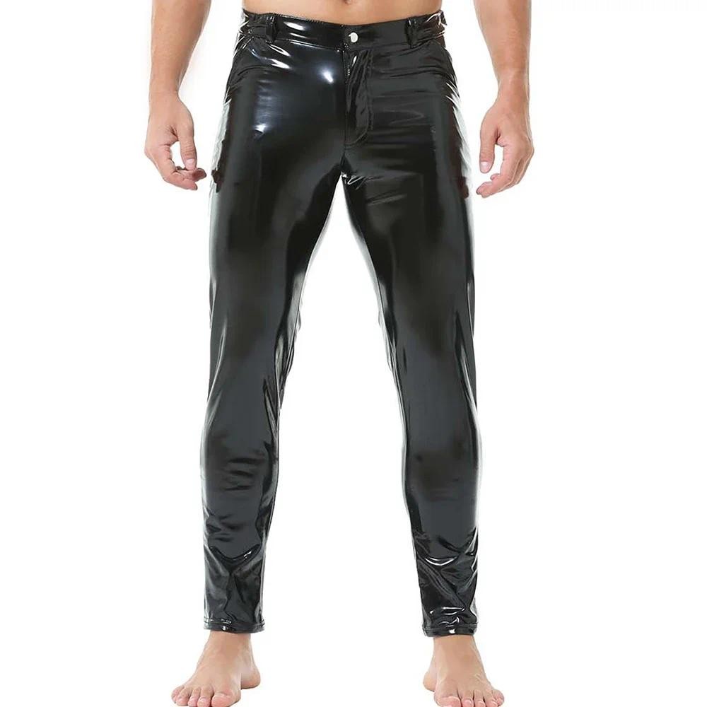 Mens Shiny Faux Leather Tights Pants Sexy Glossy PVC Leather Casual Trousers Pant Male Shaping Wetlo