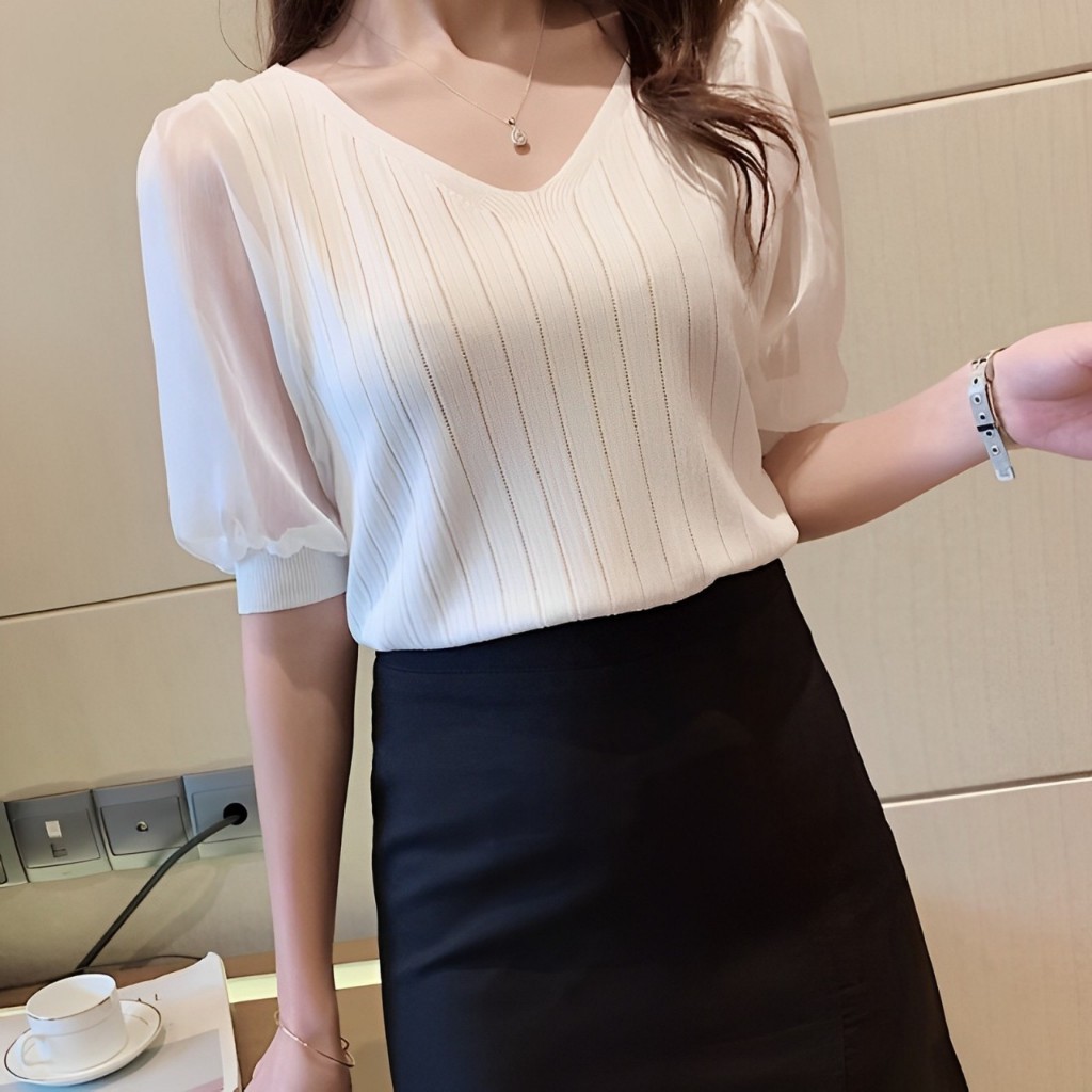 Fashion Female - Blouse Rajut Surplice V-neck Lengan 3/4 Kombinasi Tile Transparan #4427