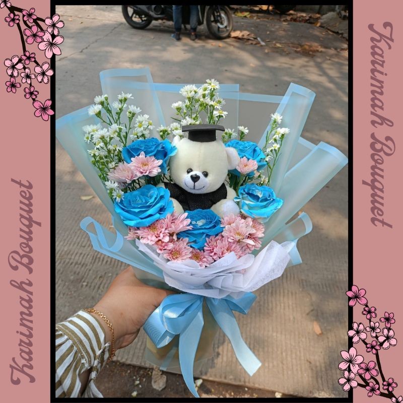 KIRIM INSTANT Buket Bunga Wisuda Mix Mawar Biru  Bouquet Bunga  Bucket Bunga Wisuda  Buket Bunga Asl