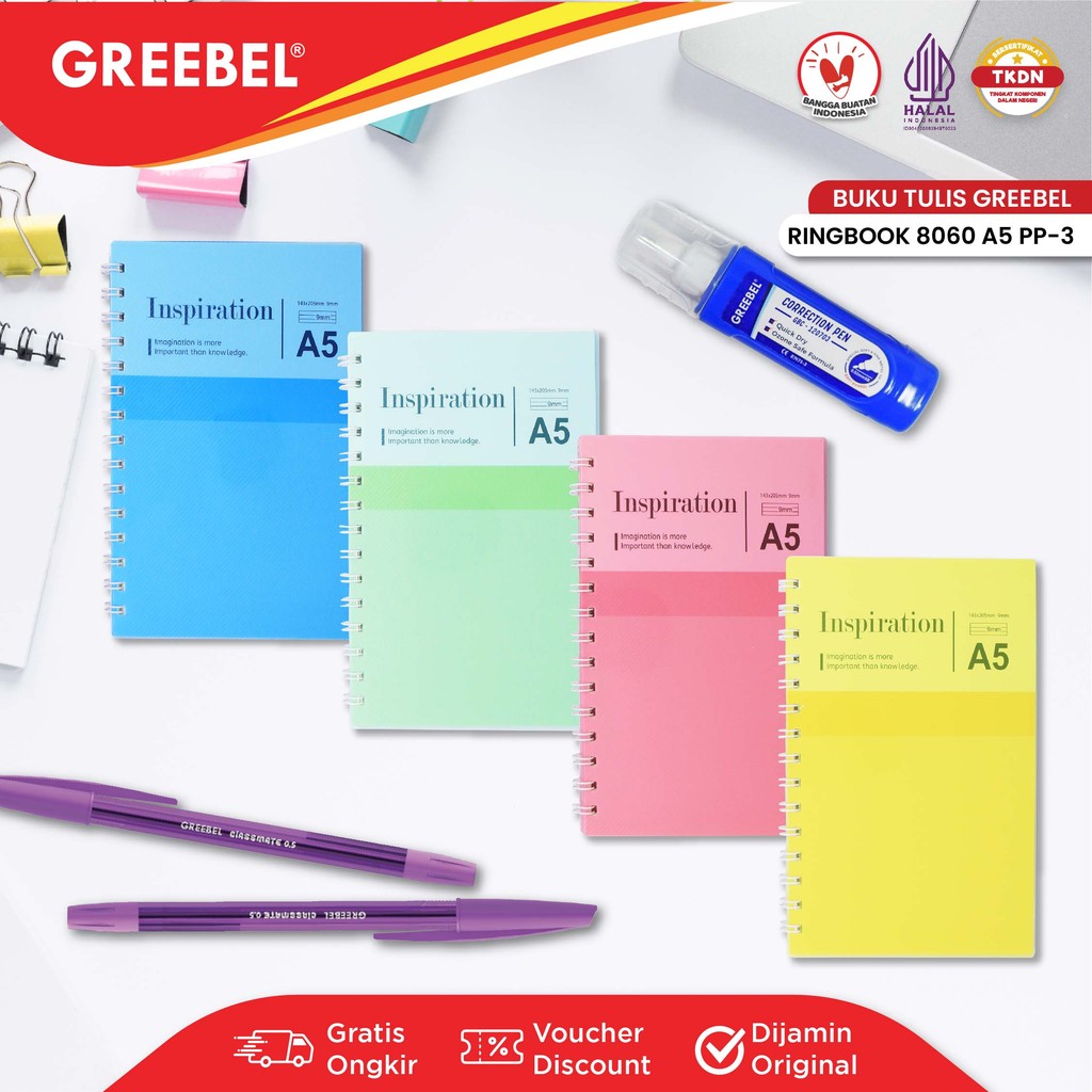 GREEBEL Notebook A5 Buku Diary Aesthetic / Ringbook 8060 A5 PP-3 / Buku Note Binder 60 Halaman / Buk