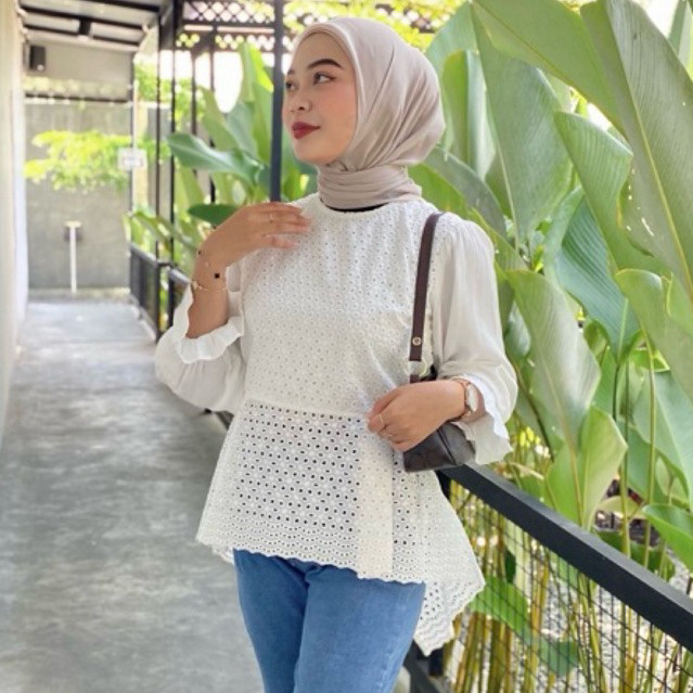 Kinara Blouse | Katun Bordir Eyelet | Blouse Katun Bordir | Blouse Putih Wanita | Baju lebaran