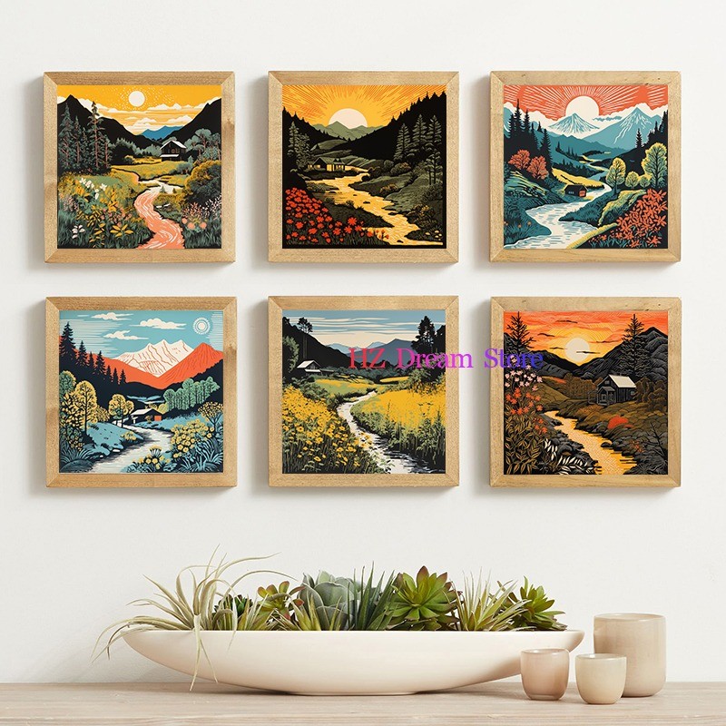 

Vintage 60's Mountain Cabin Landscape Retro Posters and Prints Canvas Painting Wall Art Pictures for Living Room Home Decor