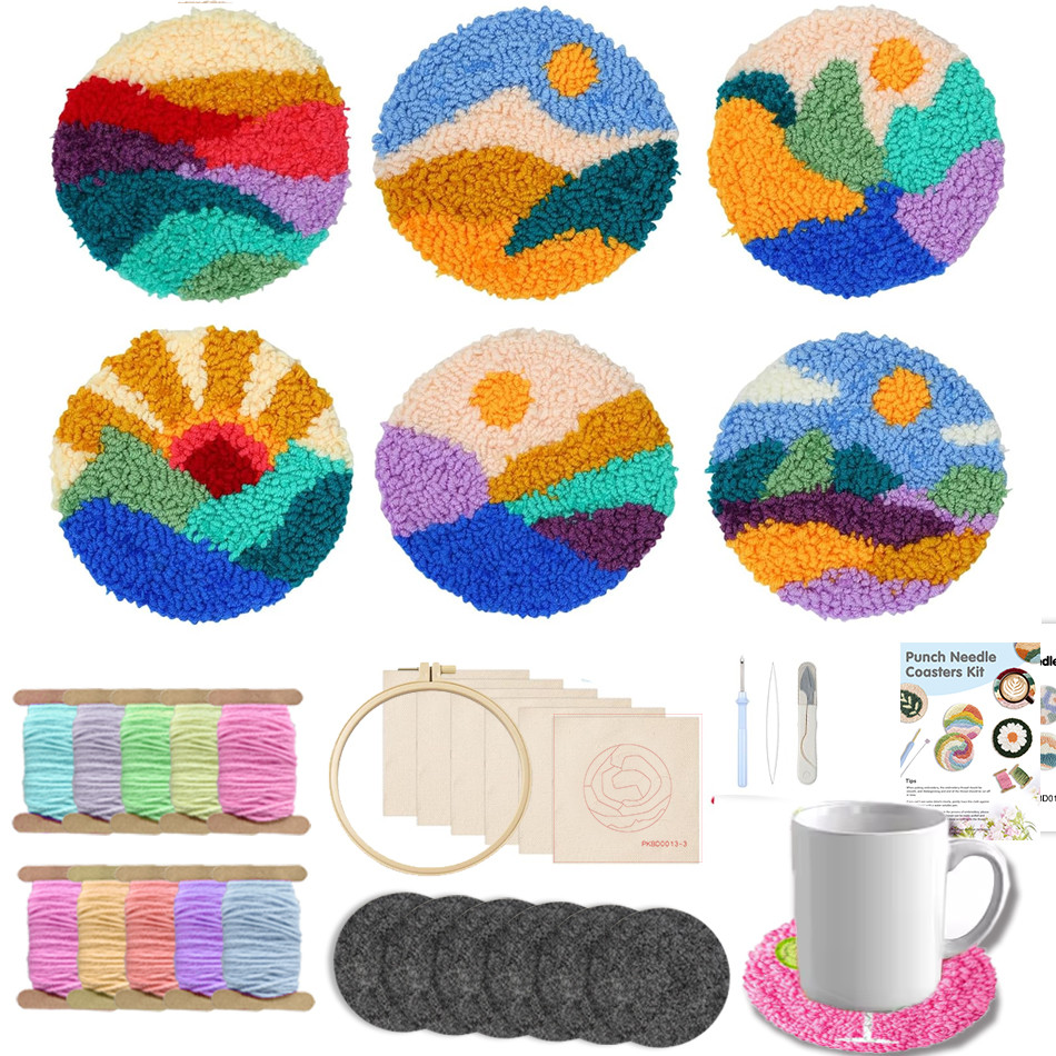 

Punch Needle Coasters Kit For Adults Beginner Sunset Patterns 6 Coasters, Tools, Yarns, Hoop,truction Diy Craft Art Gifts