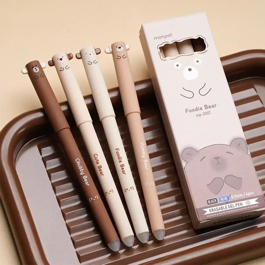 

4pcs Cute Bear Erasable Pen, Coffee Colored Cartoon Bear Design- 0.5mm Black/Blue Ink, Fine Writing truments for Office Use
