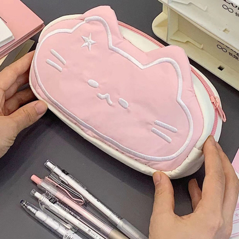 

1pc Large Capacity Pen Storage Bag Pink Cat Print Pencil Case Cartoon Pen Organizer Bag For Children