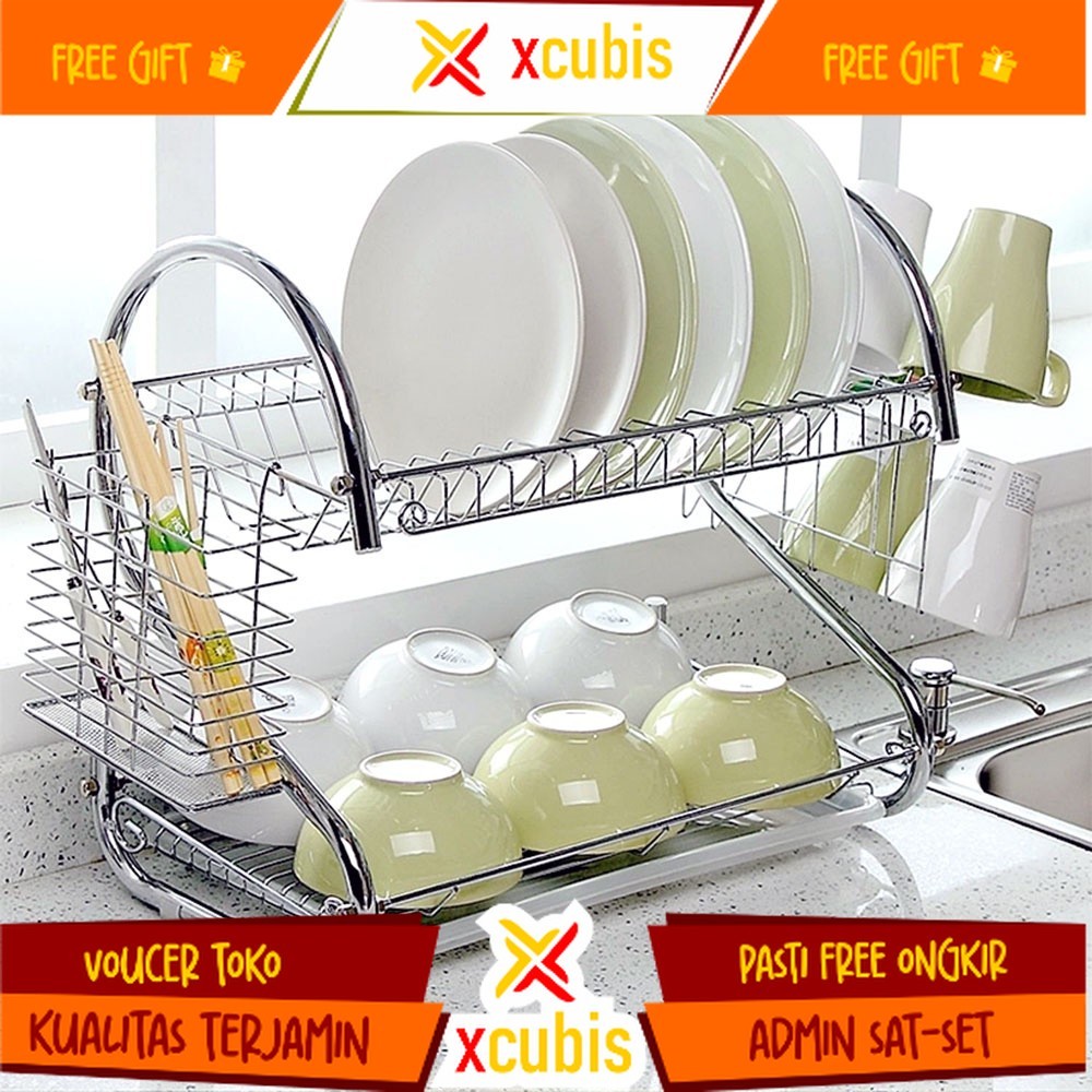 Rak Piring Stainless Minimalis Rak 2 Susun Tingkat Rak piring serbaguna Rak piring mini Berkualitas