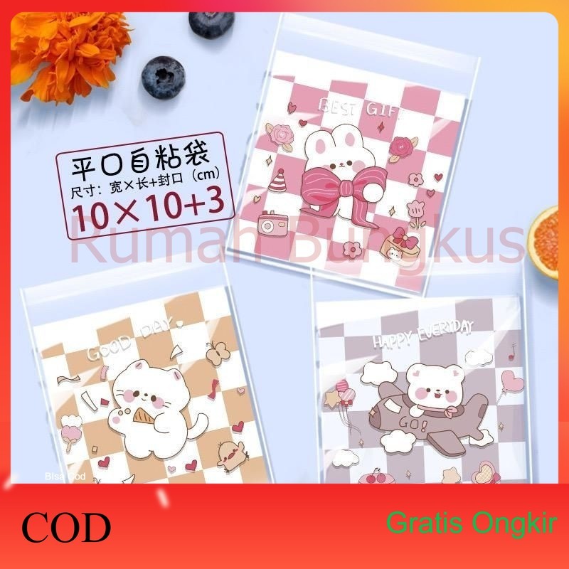 

(Rumahbungkus) 100pcs plastik kemasan cookies uk 10x10+3cm candy dengan motiv yg lucu plastik packing yang imutx+