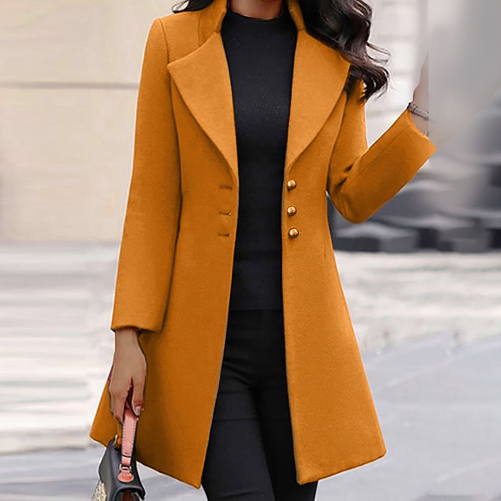 Womens Lapel Trench Coat Winter Wool Blend Mid Long Outwear Fleece Jacket Solid Color Elegant New Eu
