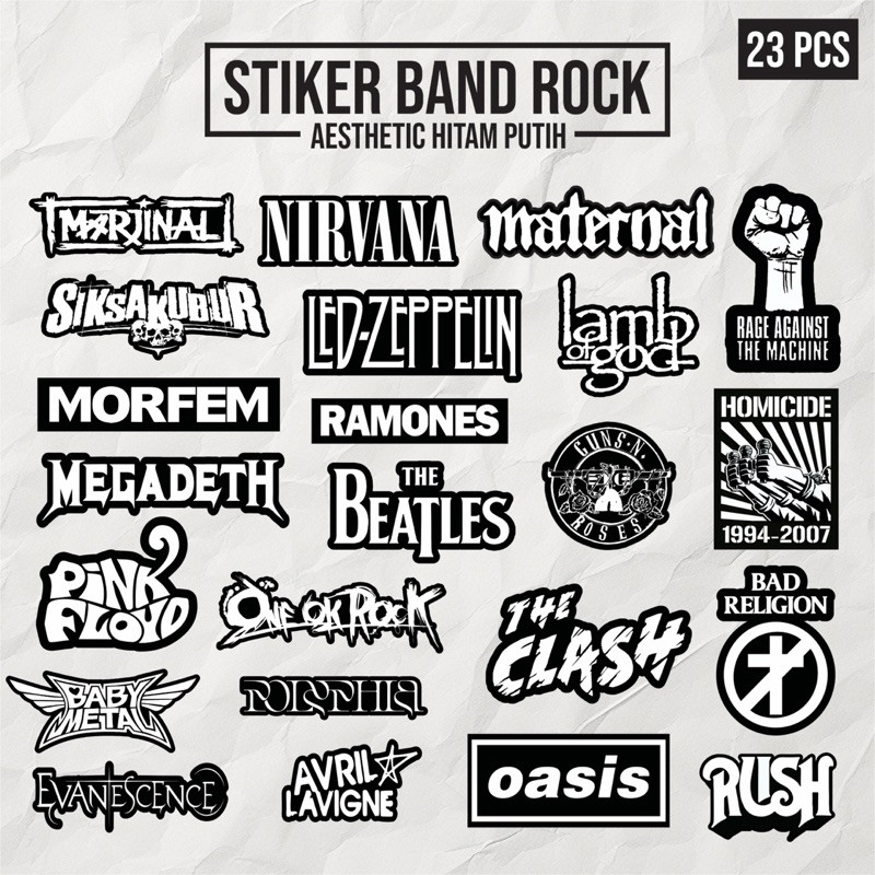 

23PCS STIKER BAND HITAM PUTIH AESTHETIC SITIKER BAND ROCK METAL UNTUK LAPTOP HP TUMBLER MOTOR