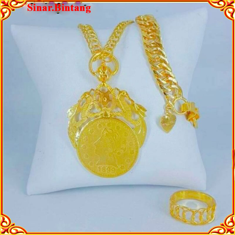 Set Perhiasan emas asli kadar emas muda17,7 model koin ada surat toko