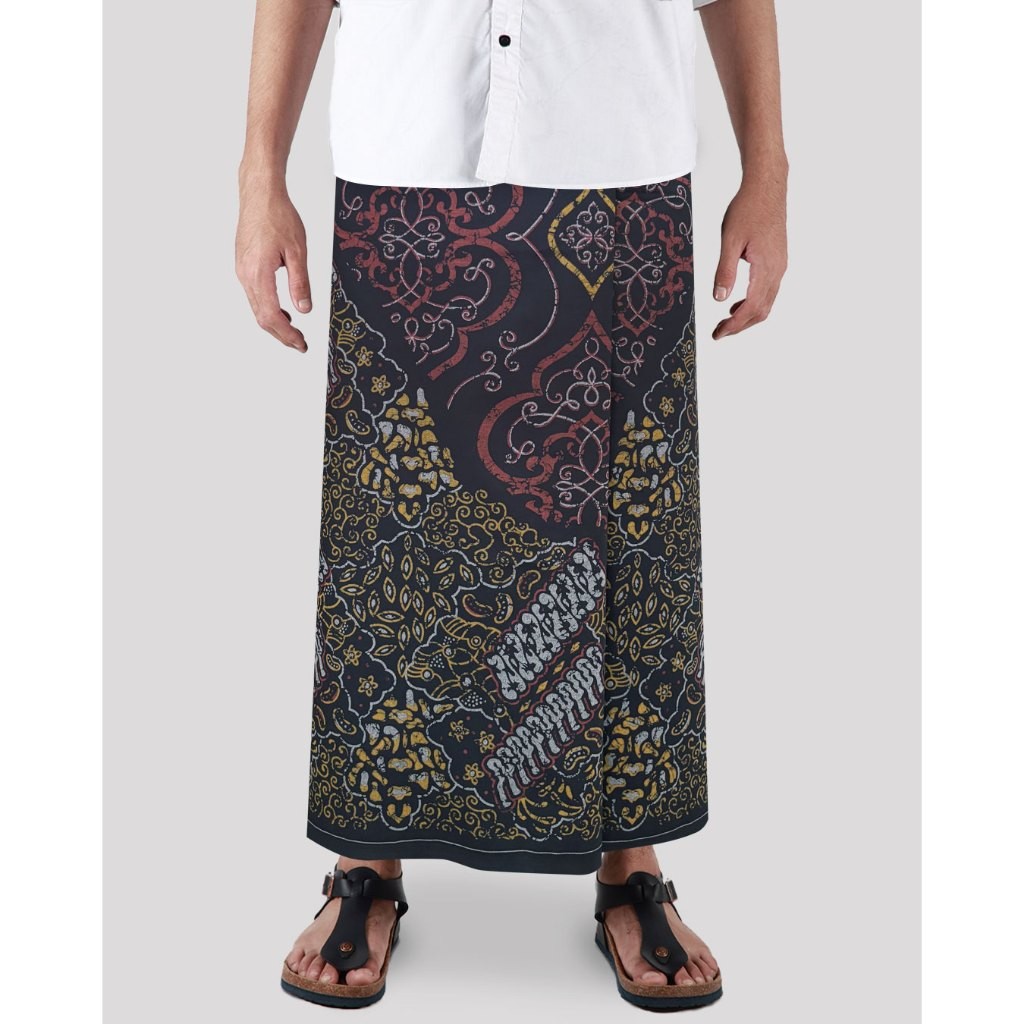 Sarung Mangga Gold Kembang Nusantara Batik Hitam Kombinasi Merah Kuning GKNB50