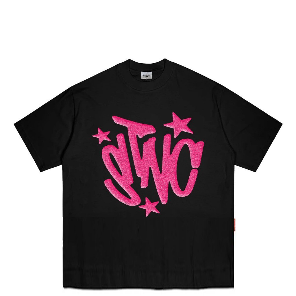 Kaos | Kotak Fit | Bintang Merah Muda | Hitam | Kaos Katun