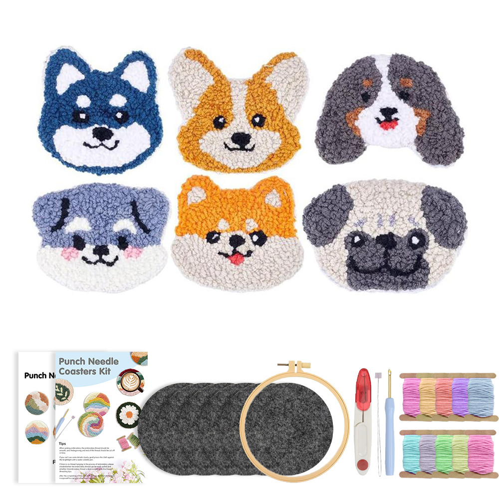

GATYZTORY 6 Pattern Set Puppy Punch Needle Coasters Kit Dog Punch Needle Embroidery Kit DIY Mug Tufted Rug Making Set for Adults