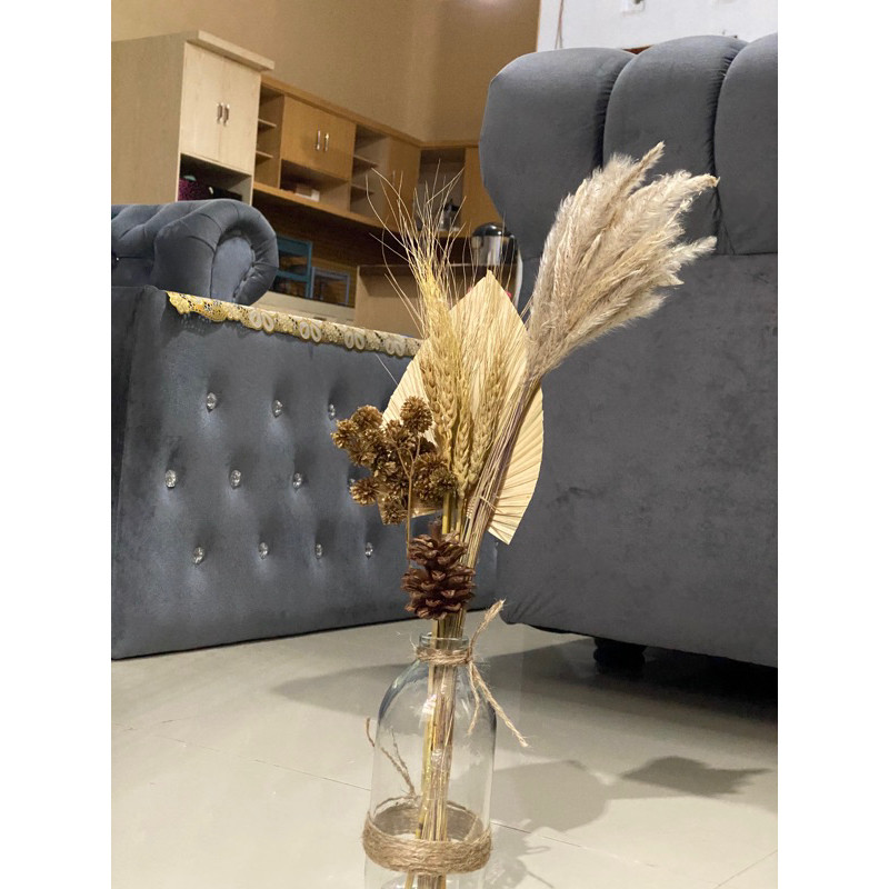 PROMO Paket bunga dan vas kaca/Bunga kering/Daun palem kering/Pampas/Dried Flower/Dekorasi rustic/Ho